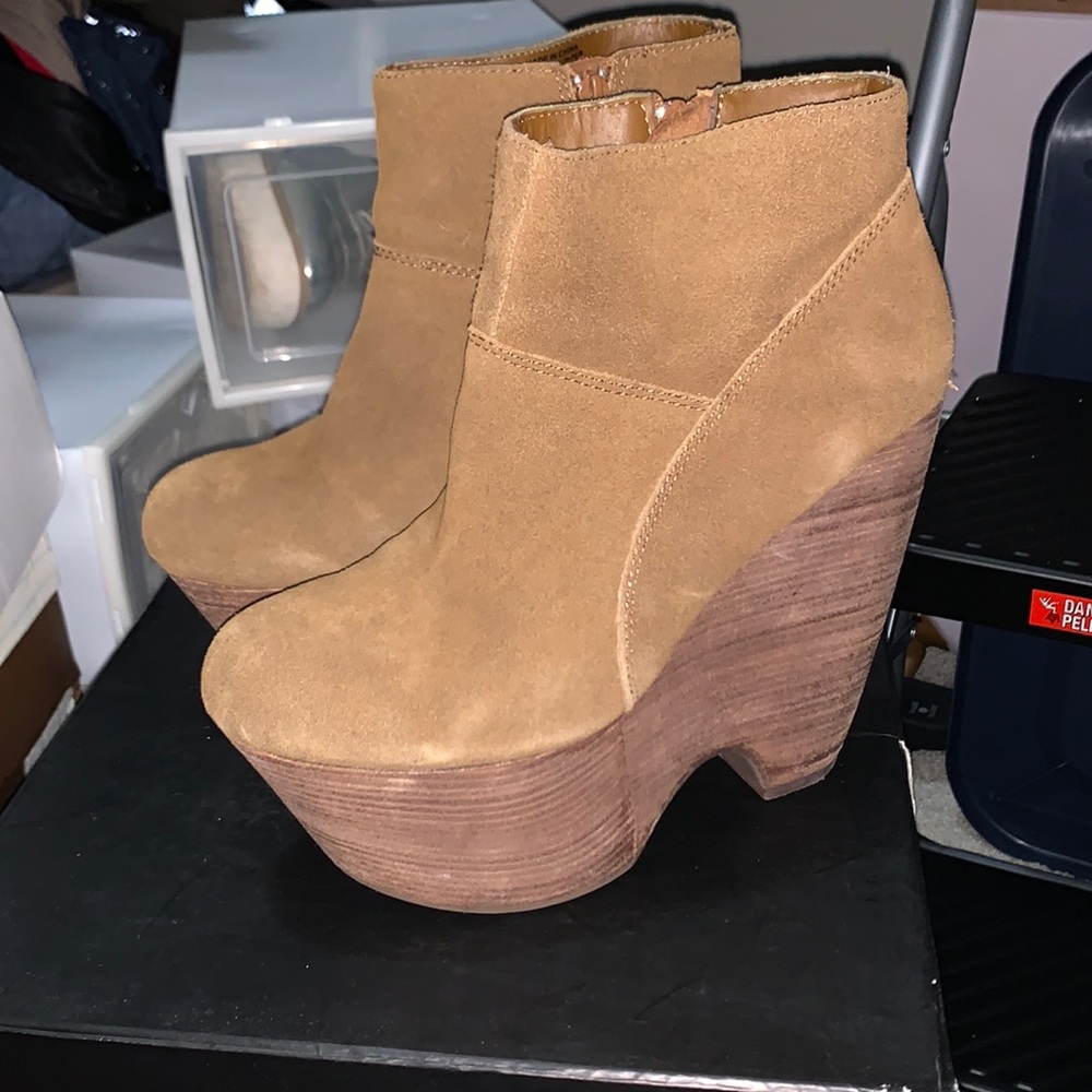 Tan Suede Wedged Heel Boot
